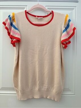 THML Cream Knit Top with Red Trim and Rainbow Ruffle Sleeves
